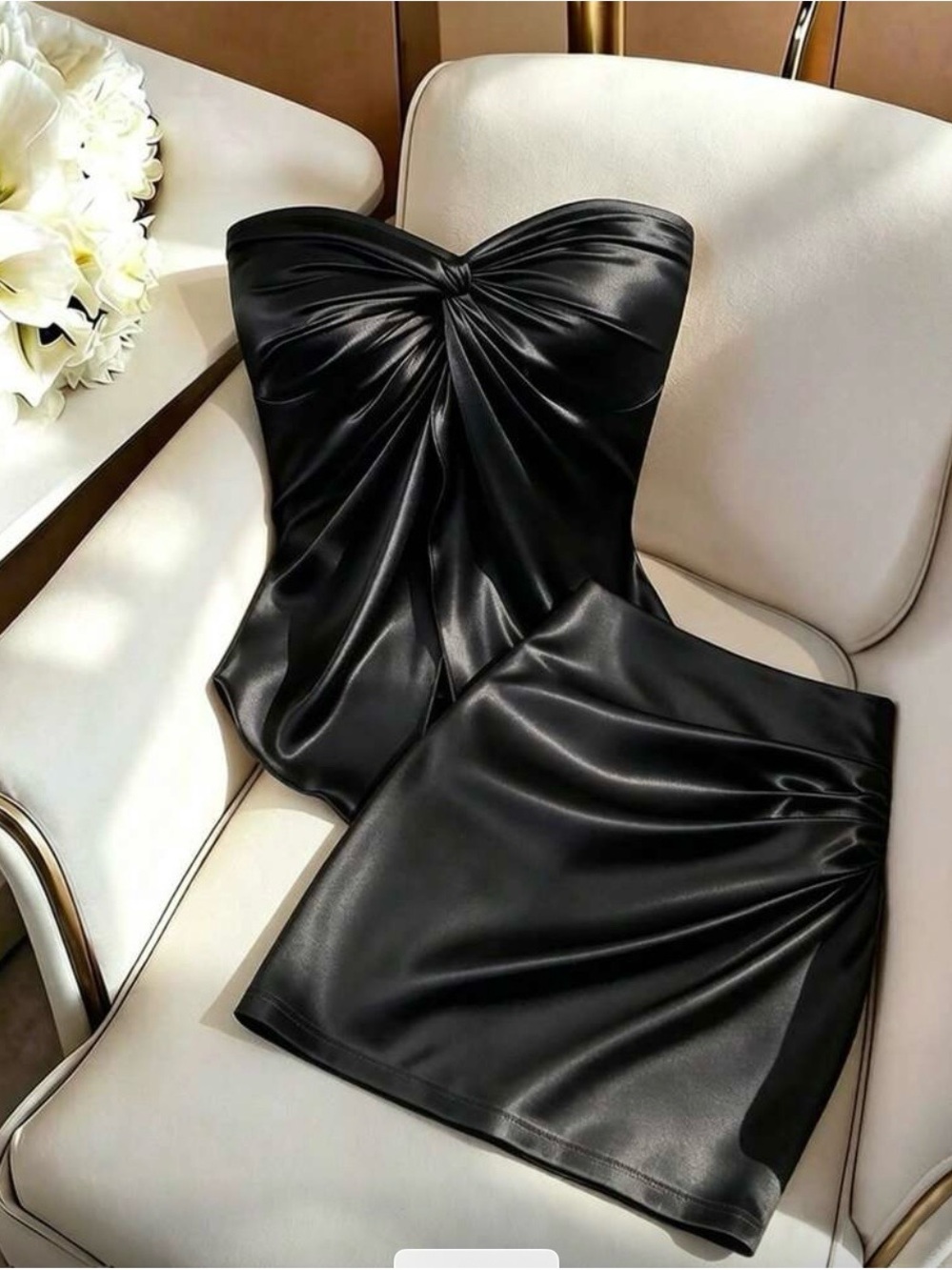 Twist-Front Strapless Black Faux Leather Mini Skirt and Top